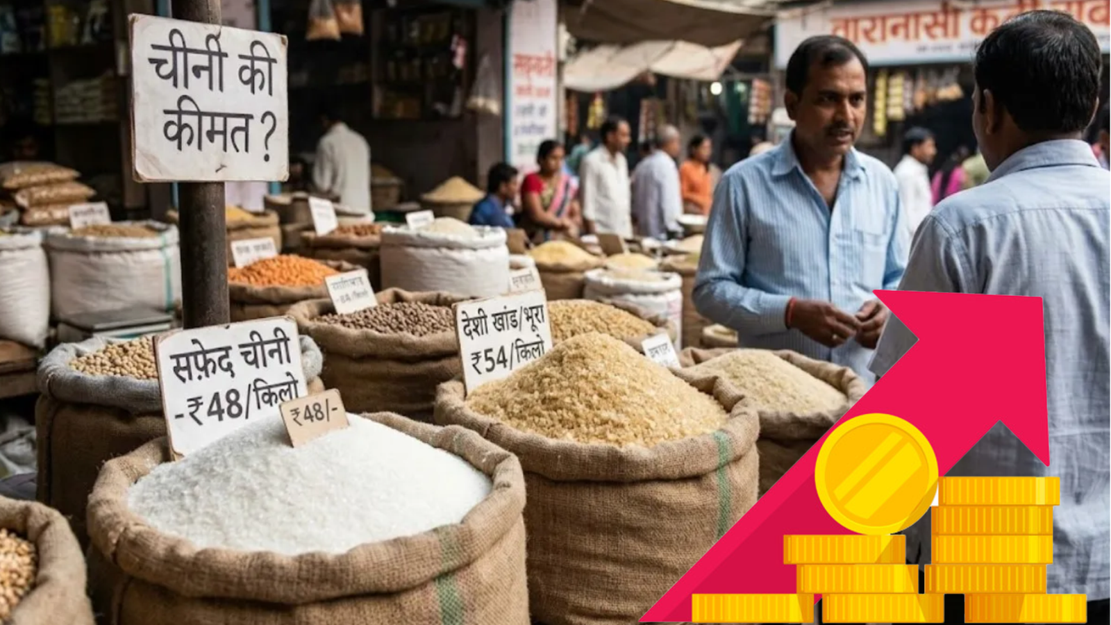 1 Market vendor displays sacks of white and brown sugar with price tags in Hindi at an Indian wholesale market, with a rising price graphic overlay symbolizing increasing sugar costs.